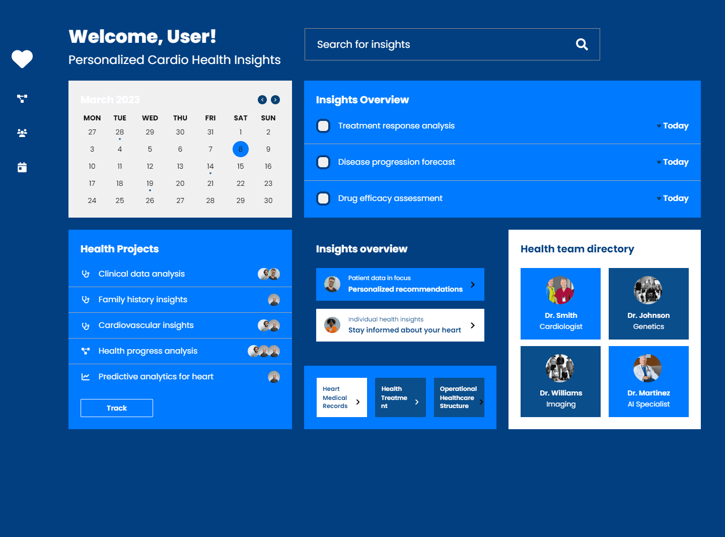 Dashboard for personalized cardio health insights with calendar, health projects, and team directory.